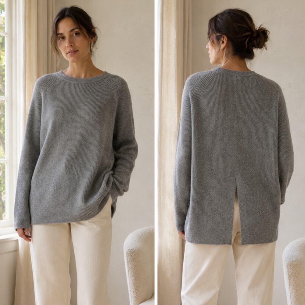 Jenni Kayne S Cashmere Fisherman Sweater $425 Oversized Back Slit Long Gray NWT